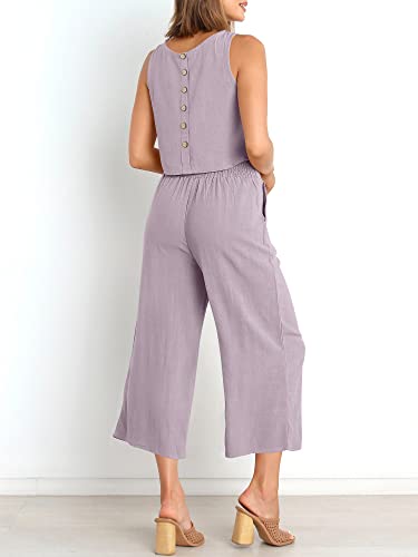 Image of ANRABESS Women's Summer 2 Piece Outfits Sleeveless Tank Crop Button Back Top Cropped Wide Leg Pants Set Pockets