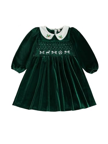 Kids Baby Girls Velvet Christmas Dress Reindeer Bow Embroidered Smocked Dresses Long Sleeve Doll Collar Dress