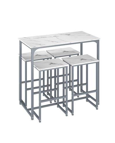 Amveya Table Bar Haute avec Tabouret 4 Personnes, Ensemble Table et 4 Chaises, Meuble Bar en marbre Blanc et Cadre argenté, Multifonctionnel Applicable Multi...