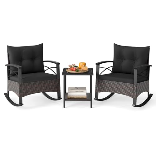 Image of Tangkula 3 Pieces Wicker Outdoor Rocking Chairs Set | Heavy Duty Cushioned Rattan Patio Rocker Bistro Set, 2-Tier Side Table w / Acacia Wood Tabletop, for Porch Balcony Backyard