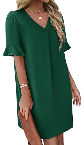 Image of OFEEFAN Summer Dresses for Women Ruffle Short Sleeve V Neck Casual Shift Dress with Pockets