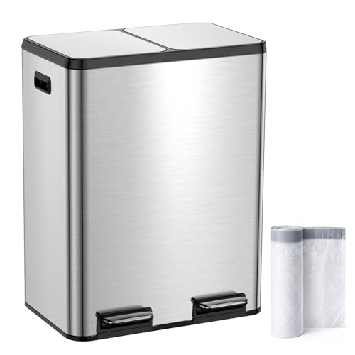 YEAUPE PRO Poubelle Cuisine 60L à Pédale, Poubelle Tri Sélectif 2x30L Double Compartiment Inox, Soft Close Silencieux, Bacs Amovibles, Anti-Odeurs, Grande...