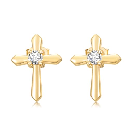 10k Gold 0.12 ct Lab Grown Diamond Cross Stud Earrings for Women, 10kt Gold Religious Earrings for Her