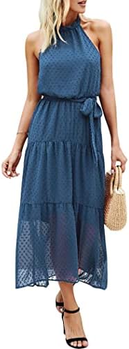 PRETTYGARDEN Women’s Casual Halter Neck Sleeveless Floral Long Maxi Dress Backless Loose Ruffle Sundress with Belt (Solid Grey Blue,Small)