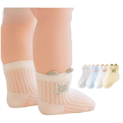 4 Pairs Baby Socks Thin Mesh for Summer, Cute Cartoon Bear Soft Short Socks for Newborn 0-5 Years Infants Toddlers