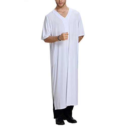 Men Sleepwear Robes Arabic Clothes Short Sleeve Dubai Kaftan Islamic Thobe Long Pajamas Nightgown M-XL 5
