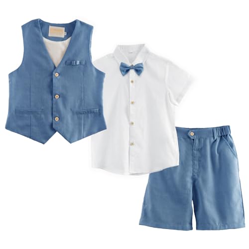 Image of LOLANTA Boys Linen Suit 4 Piece Summer Gentleman Outfit Kids Shorts Set