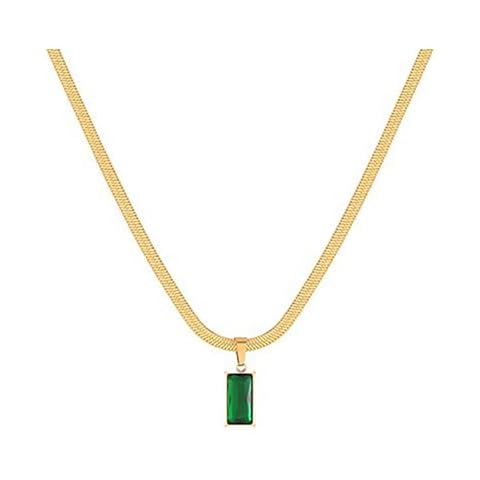 Loqimu Emerald Cubic zirconia Pendant Herringbone Chain Neklace Gold Stainless Steel Snake Choker Chain Link Clavicle Necklace for Women Teen Anniversary Party Jewelry Gift Cover