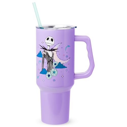 Image of Silver Buffalo Disney Nightmare Before Christmas by Tim Burton Jack Skellington Double Walled Stainless Steel Tumbler with Handle and Straw, Fits in Standard Cup Holder, 40 Ounces