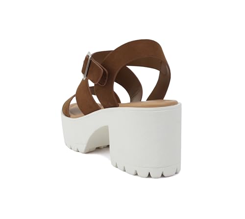 Image of Soda ACCOUNT ~ Women Open Toe Two Bands Lug sole Fashion Block Heel Sandals with Adjustable Ankle Strap