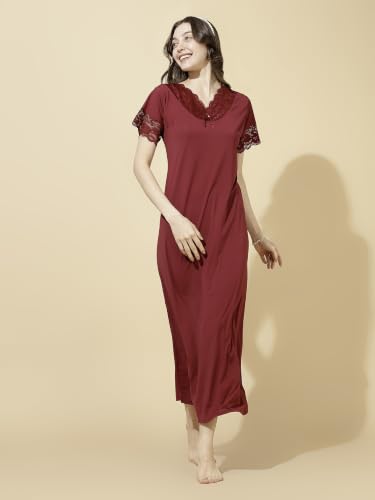 Image of 9shines Label Stylish Soft Modal Maxi Nighty | Honeymoon Nighty | Full Length Trendy Nightgown | V-Neck Lace | Premium Nightdress | Soft Long Nightdress | Maxi Gown Nightwear for Women (Malai Satin)