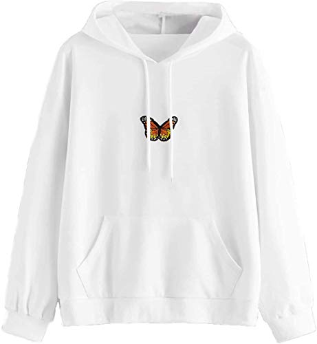 VLOJELRY Women s Butterfly Casual Hoodies Tops Long Sleeve Drawstring Pullover Sweatshirts with Pocket White