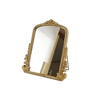 Small Vintage Vanity Makeup Desk Mirror Antique Traditional Chic Arch Table Mirror Gold,Decor Wood Framed Small Standing Carved Arendahl Mirror for Living Room,Bedroom,Tabletop 11.8\" x 9.6\"