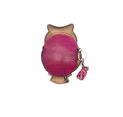 Handmade Vintage Genuine Leather 3D Animal Owl Coin Purse with Removable wrist strap #002 (Pink)2