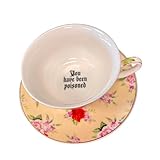 Three Black Cats Bone China "You've been poisoned- Bye" Tea Cup and Saucer Set, 8 Oz, Yellow and Red Rose Pattern, Gold Trim