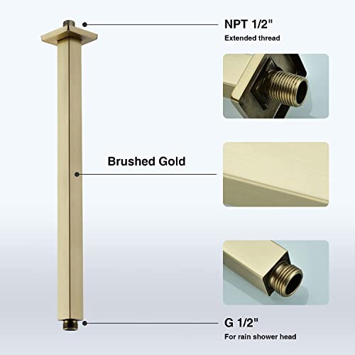 16 Inch Brushed Gold Ceiling Mount Shower Arm With Flange Square Straight Shower Arm #TOP4