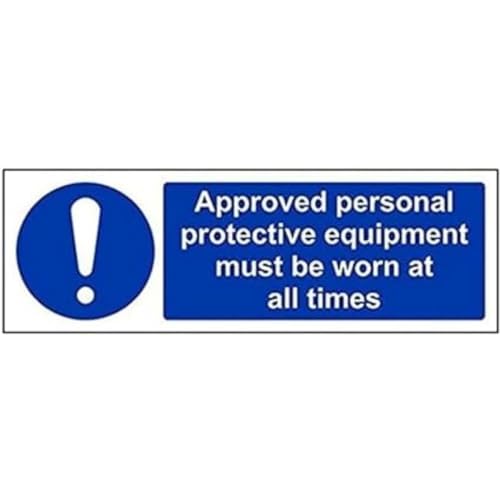 V Safety 41083AX-S Approved Personal Protective Equipment Must Be Worn At All Times PPE Sign - Landscape - 300mm x 100mm - Self Adhesive Vinyl, Blue