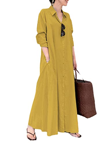 Robe d'été en coton et lin jaune Disimlarl en taille L pour femme