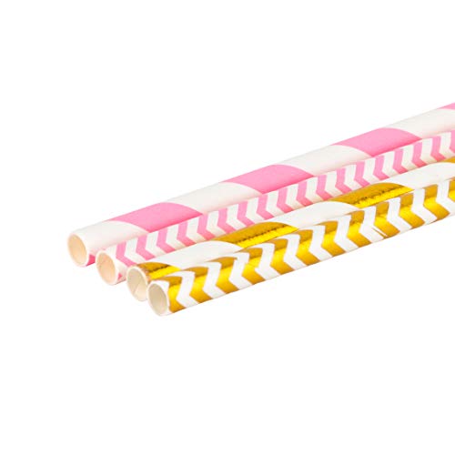 Image of Paper Straws 200 Pack Biodegradable Gold and Pink Striped Design 8.25 inch Straw for Everyday /Birthday Party /Baby Shower /Wedding /Anniversary and Parties, Long Lasting - by DuraHome (200 Pack, Gold & Pink)