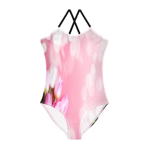 Girls Swimming Suits Beach Swim Suits Kids 3-10 Y with Adjustable Shoulder Strap, Pink Tulips Bouquet Pink