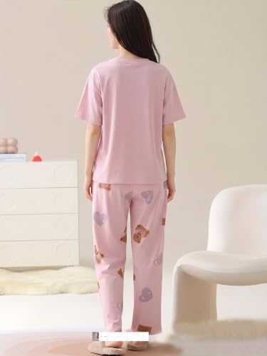 Image of Women's 2-Piece Pajama Set - Short Sleeve Top & Pants Lounge Set, Soft Breathable Sleepwear Night Suit for Women