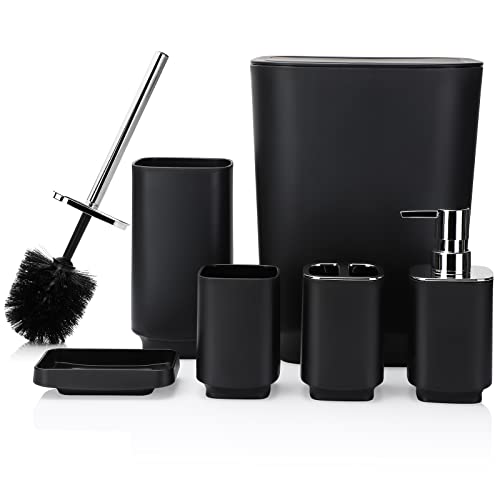 JOTOM 6 Pieces Bathroom Accessory Set Luxury Plastic Bathroom Accessories Set Trash Can Toilet Brush Set Toothbrush Holder Tumbler Soap Dish Soap Dispenser Bath Set Gift (Black)