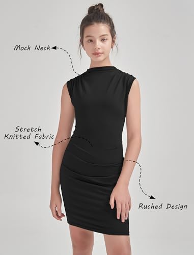 EXARUS Teen Girls Mock Neck Bodycon Dress Ruched Tight Formal Slim Fit Party Mini Graduation Dance Sleeveless Dresses4