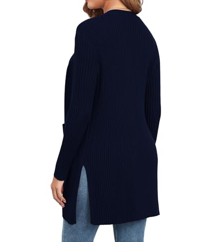 Image of Women's Cardigan Sweaters V-Neck Long Sleeves with Two Pockets Side Split Hem Open Front Knit Casual Cardigan