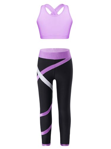 YEAHDOR Kids Girls 2 Pcs Sport Outfit Gymnastics Dance Athletic Outfits Sleeveless Crop Top with Leggings Set Dancewear Purple 16 Years