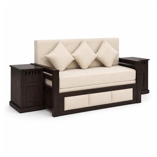 Image of SONA ART & CRAFTS Zeus Sheesham Wood 3 Seater Sofa Cum Bed with Bedside | Wooden 3 Seater Sofa for Living Room Wooden Furniture Sofa Bed for Home (Walnut Finish)