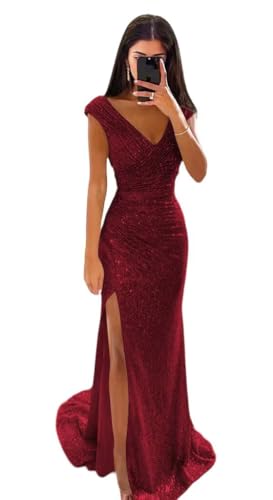 Sequin Mermaid Long Prom Dresses 2025 for Teens Sparkly V Neck Ruched Formal Evening Gown with Slit WO044