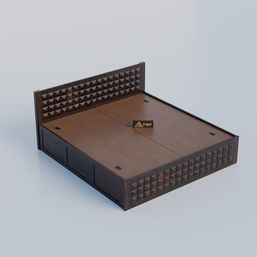 Image of Solid Sheesham Wood Queen Size Bed with Storage Box | Wooden Double Bed for Bedroom | Diamond Design Double Bed Cot Palang for Home | Rosewood, Walnut Finish