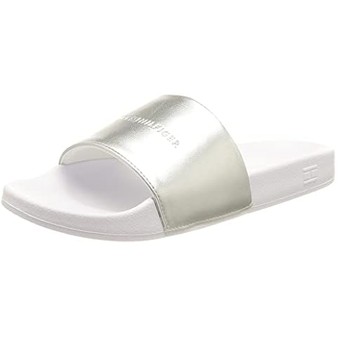 Tommy Hilfiger Damen Badeschuhe Metallic Pool Slide Badelatschen, Weiß (White), 37 EU Cover