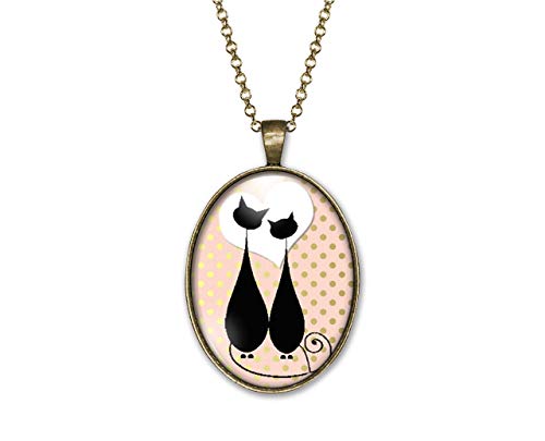 So Sweet - Collier fantaisie cabochon en verre, sautoir illustré, parure " Les chats amoureux ", chat noir, cœur, pois, doré, rose (ref.19)
