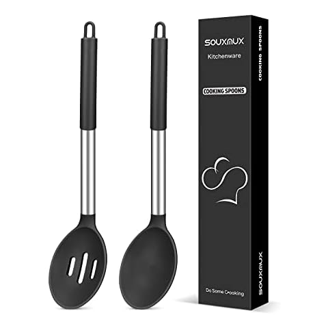 2 Pcs Silicone Cooking Spoons, Solid and Slotted Spoon Set, Non-Stick BPA Free Heat-Resistant Basting Kitchenware for Soup, Serving, Draining, Stirring(Black) Cover