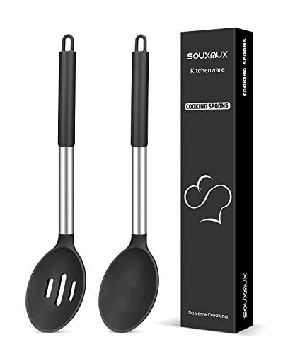 2 Pcs Silicone Cooking Spoons, Solid and Slotted Spoon Set, Non-Stick BPA Free Heat-Resistant Basting Kitchenware for Soup, Serving, Draining, Stirring(Black)