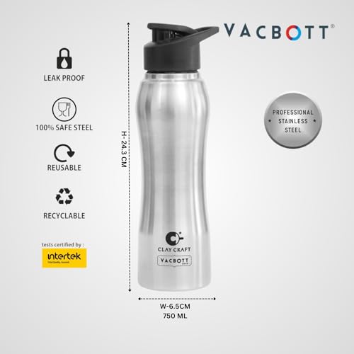 Image of Clay Craft VACBOTT Neo Single Walled Non Insulated Water Bottle-750ML, 5-Piece(Silver) Leak Proof | Easy Grip |Easy To Carry| Gym Bottle | Home | Kitchen | Hiking | Treking Bottle | Travel Bottle