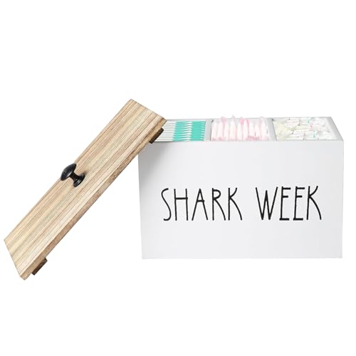 Caja de tampones de madera con tapa – Shark Week Organizador de productos de higiene para mujer, 3 compartimentos, caja periódica para baño, madera FSC Organizador de baño para tampones, compresas y