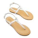 SANDALUP Women's Flat Thong Sandals - Summer Elegance with Metal Ring Detail and Adjustable Ankle Buckle, Comfortable Non-Slip Sole for Casual Wear, Beach Outings, and More - Find Your, New White