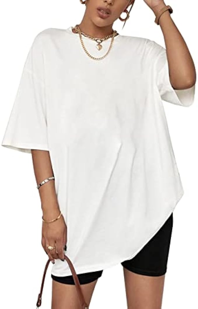 Lauweion 女款 素色 基本款 超大 T 恤 短袖 圓領 寬鬆 落肩 T 恤 上衣