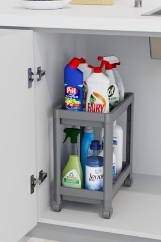 Mithra Life 2 Katlı Tekerlekli Tezgah Altı Gri Banyo Mutfak Rafı MIT1123 - Görsel 3