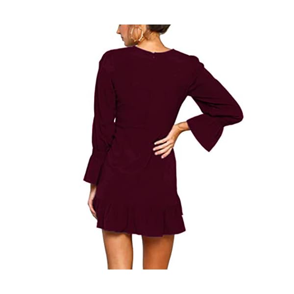 WEEPINLEE Womens Long Sleeve Round Neck Ruffles Wrap Dresses Party Dress (Wine Red, M)
