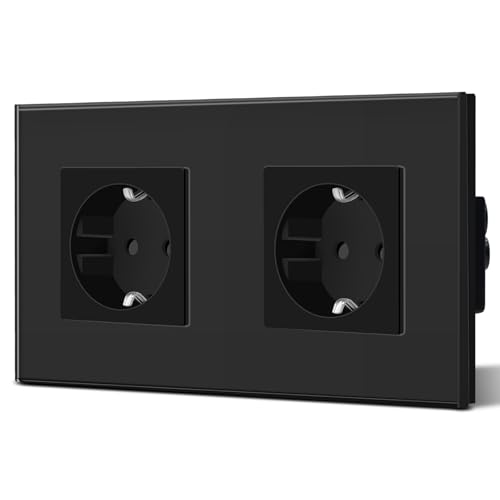 BSEED Schuko Steckdose 2 Fach EU-Standard DoppelsteckdoseWandsteckdose Kristall Glas Platte 16Amp 250 V Verlängerungssteckdosen 157mm Schwarz