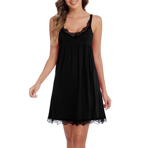 SHCNSJC Nachthemd Damen Sexy Sommer Unterkleid Damen Spaghettiträger Baumwolle mit Spitze Negligee für Frauen Nachtwäsche Babydoll Nachthemden,...