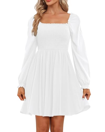 Image of Holipick Women's Casual Square Neck Smocked Dress Shirred Ruffle Puff Sleeve High Waist Cute Flowy A-Line Short Dress