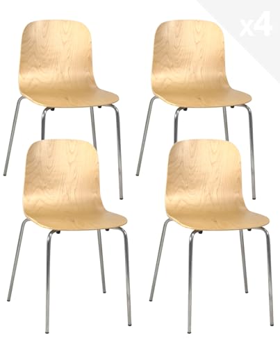 KAYELLES Lot de 4 chaises de Cuisine Design cafétéria rétro Vintage siège Bois de Bouleau plaqué Pied chromé (Bois Clair)