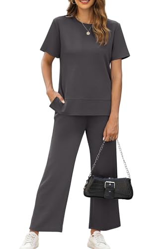 Image of XIEERDUO Women's Side Slit Lounge Sets 2026 Fashion 2 Piece Travel Outfits Cozy Loungewear Wide Leg Tracksuits S-3XL