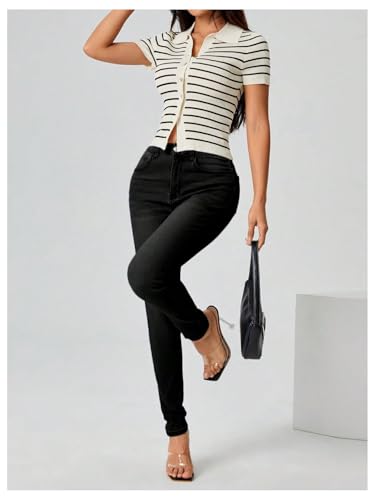 Floerns Women's Striped Short Sleeve Lightweight Cardigan Button Up Sweater Tops4