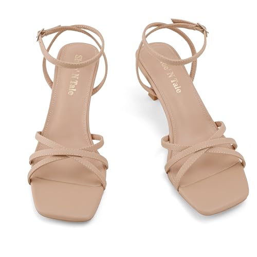 Shoe’N Tale Womens Kitten Heels Heeled Strappy Sandals Square Open Toe Stilettos Adjustable Ankle Strap Dress Party Wedding Fashion Shoes3