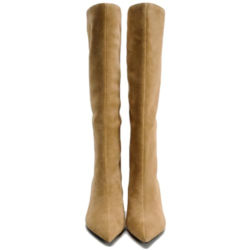YIYA Women's Camel Suede Wide Calf Knee High Boots for Fall Pointed Toe Stiletto Kitten High Heels Stylish Party Dress Long Pull On Boots3